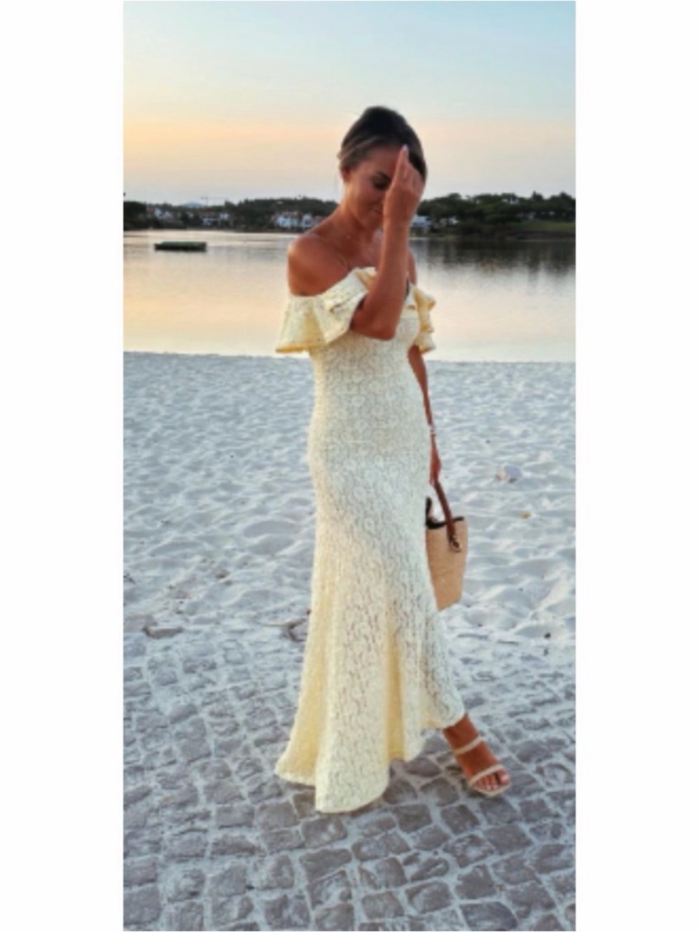 Zara Lace Dress Off-Shoulder Asymmetrical Butter Yellow Medium